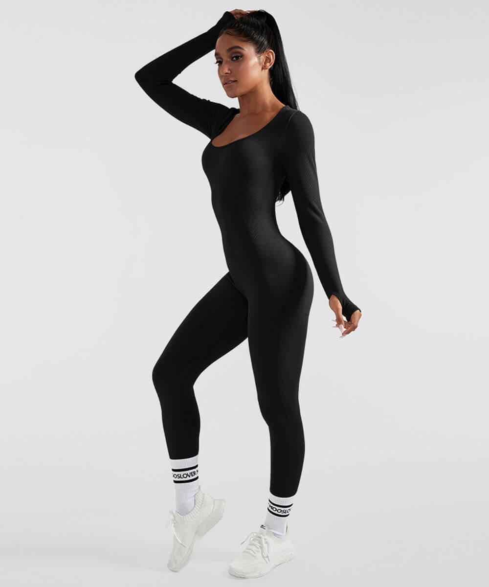 Solid Color Ribbed Long Sleeves Seamless Jumpsuit