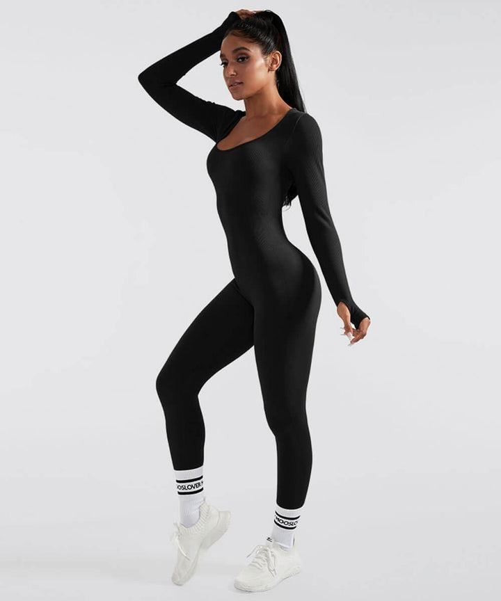 Solid Color Ribbed Long Sleeves Seamless Jumpsuit