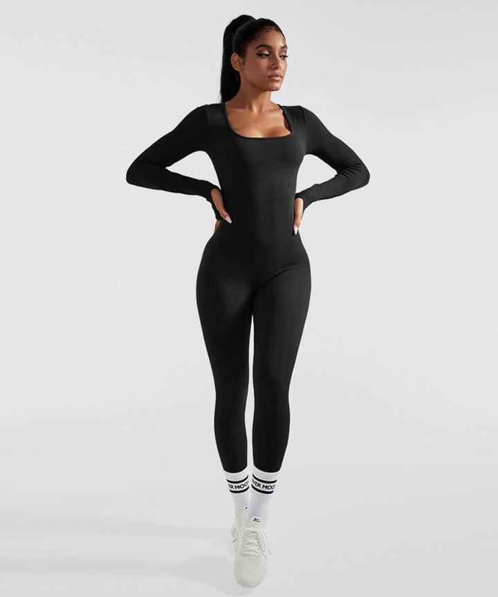 Solid Color Ribbed Long Sleeves Seamless Jumpsuit